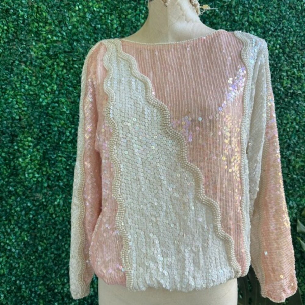 Dominique Pink Nude Sequined and Pearls Gathered Blouse with Scallop Sleeves